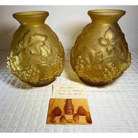 Etaleune Other - Etaleune Paris France Signed Satin Art Glass Grape Vine Vase Pair Antique